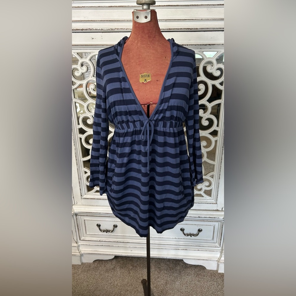 Ella Moss Blue Striped Hooded Long Sleeve Top (S)